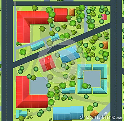 Parallel streets of quarter. Streets of city. Top View from above. Small town house and road. Map with roads, trees and Vector Illustration