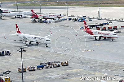 Parallel taxiway operation at Istanbul Ataturk Airport Editorial Stock Photo