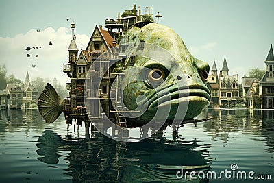 Parallel Worlds. Surreal Fish-Shaped House Illustration, Stock Photo