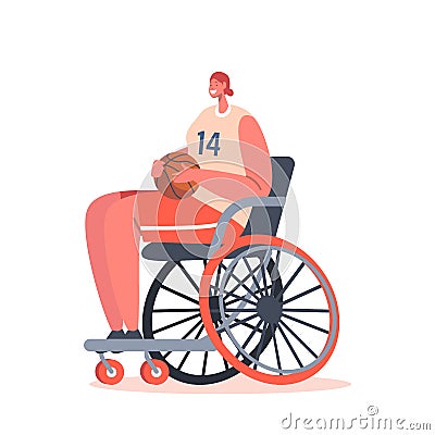 Paralympic Athlete, Basketball Player Sitting on Wheelchair with Ball in Hands, Sportswoman Character Wear Uniform Vector Illustration
