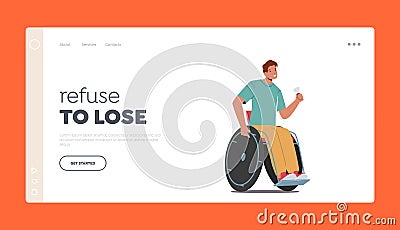 Paralympic Badminton Player Landing Page Template. Athlete Sitting on Wheelchair with Shuttlecock in Hand, Sportsman Vector Illustration