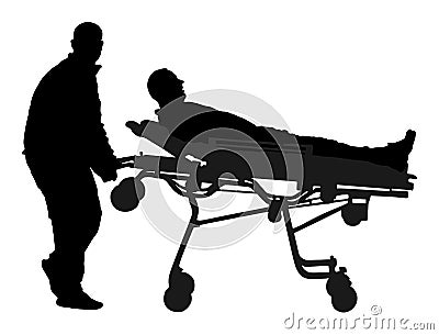 Paramedic evacuate injured person silhouette. Checking and helping people after body collapse. Stock Photo