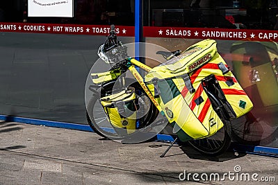 Paramedic Pedal Bicycle With Medical Equipment Parked With No People Editorial Stock Photo