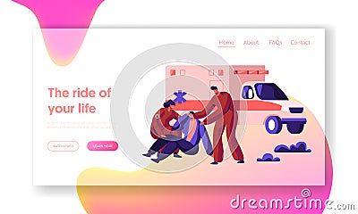 Paramedic Profession Medical Character Rescue Health on Ambulance Landing Page. Medic Urgent Transportation on Vehicle to Hospital Vector Illustration