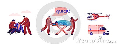 Paramedic Profession Set. Medical Rescue Doctor Characters on Ambulance. Medic Workers Urgent Helicopter and Car Vector Illustration
