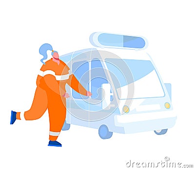 Paramedic or Rescuer Female Character Wearing Orange Uniform Run to Ambulance Car. Medic Staff at Work Vector Illustration