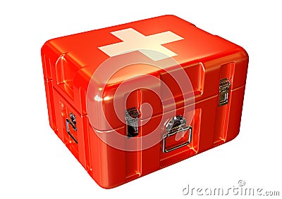 Paramedics first aid kit box in emergency care with medicines and supplies, white background isolated Stock Photo