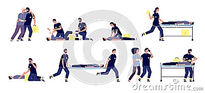 Paramedics. Medical emergency helping, first aid team. Ambulance services, paramedic and affected people. Vector Vector Illustration