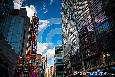 Paramount Theater, along Washington Street in Boston, Massachusetts. Editorial Stock Photo