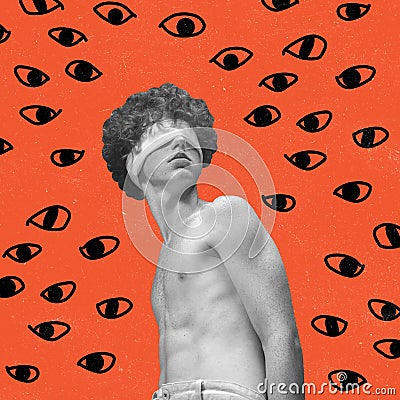 Conceptual image with portrait of young man standing with closed eyes among drawn human eyes. Contemporary art collage Stock Photo