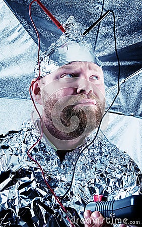 Paranoid Dude with a Tin Foil Hat Stock Photo