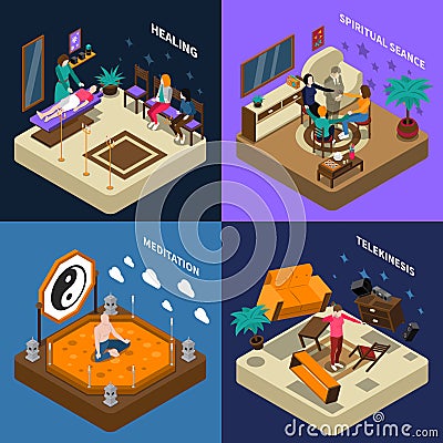 Paranormal Abilities And Meditation Isometric Compositions Vector Illustration