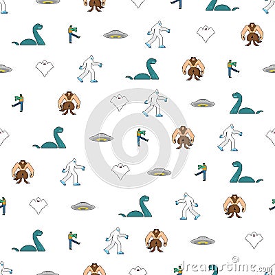 Paranormal pixel art pattern seamless. Werewolf and zombies 8 bit background. pixelated UFO and Yeti. Loch Ness monster and ghost Vector Illustration