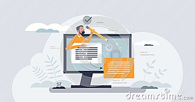 Paraphrasing tool with text conversion to different words tiny person concept Vector Illustration