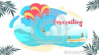 Parasailing Horizontal Banner, Man Under Parachute Vector Illustration