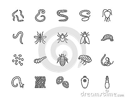 Parasites flat line icons set. Intestinal worm, helminth, sandfly, tick, dog flea, leech, qiardia, dengue mosquito Vector Illustration