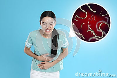 Parasites under microscope and woman suffering from helminthiasis Stock Photo