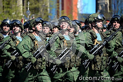 Paratroopers of the 331st guards airborne regiment in Kostroma at the dress rehearsal of parade on red square in honor of Victory Editorial Stock Photo