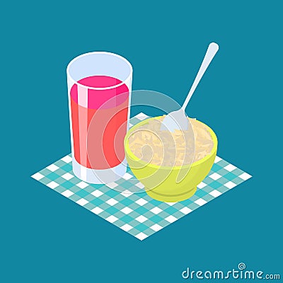 Parboiled rice Porridge and fruit juice. Breakfast Healthy food. Vector Illustration