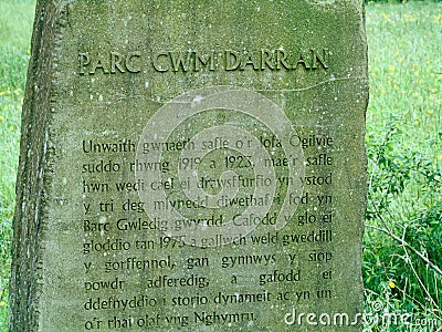 Parc Cwm Darran Commemorative Stone South Wales Editorial Stock Photo