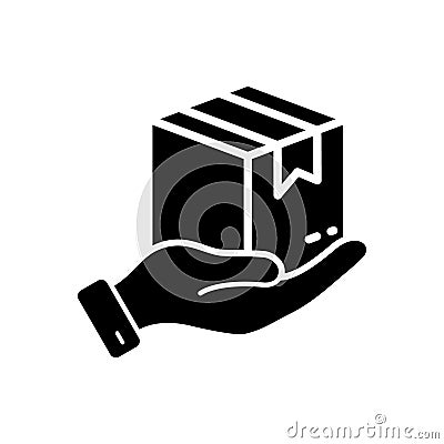 Parcel Box in Hand Silhouette Icon. Receive Present in Carton Package Glyph Pictogram. Give Cardboard Packaging Gift Vector Illustration