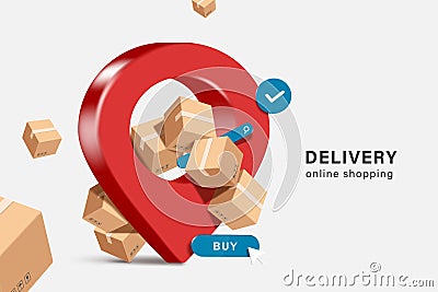 Parcel boxes stacked on top of each other and overflowed. And all of them are placed on red location pins Vector Illustration