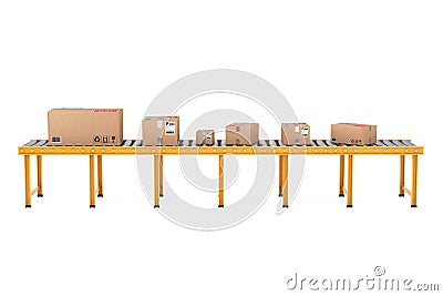 Parcel Cardboard Boxes over Roller Conveyor Line. 3d Rendering Stock Photo