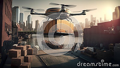 Parcel Delivery Concept With Flying Drone In Urban Area - Generative AI Stock Photo