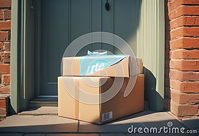 Parcel on the threshold of the entrance to the house near the door, delivery of goods to the house Cartoon Illustration