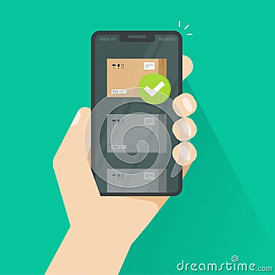 Parcel tracking or delivered via smartphone vector illustration, flat cartoon cellphone shipment track app, mobile phone Vector Illustration