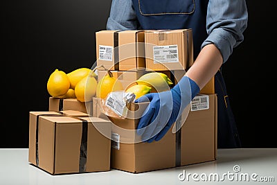Parcels and food packages delivered safely with latex gloves during the epidemic Stock Photo