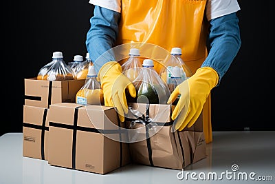 Parcels and food packages delivered safely with latex gloves during the epidemic Stock Photo