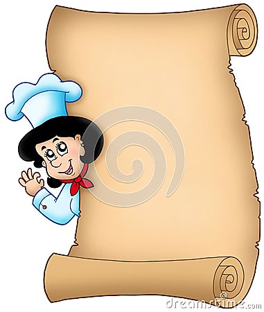 Parchment with lurking woman chef Cartoon Illustration