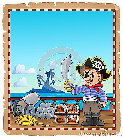 Parchment with pirate boy on ship Vector Illustration