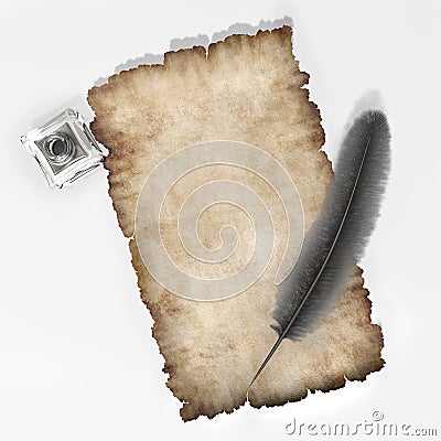 Parchment with quill adn inkpot paper texture background 3D illustration Stock Photo