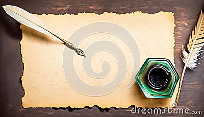 Parchment, quill and inkwell on a wooden table seen from above. Stock Photo