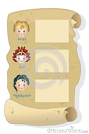 Parchment with the three zodiacal signs of fire: aries leo sagittarius Vector Illustration