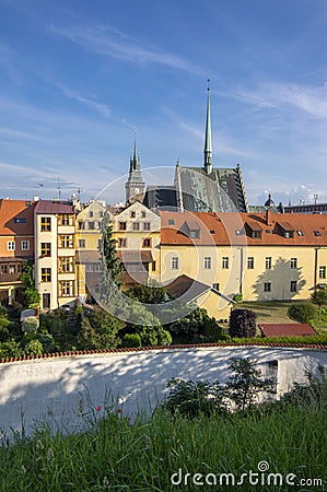 Pardubice / CZECH REPUBLIC - June 1, 2019: View of historic place called Pardubice Nuremberg, with church tower and Green gate Editorial Stock Photo