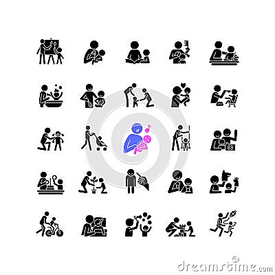 Parent and child interaction black glyph icons set on white space Vector Illustration