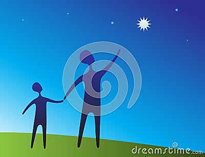 Parent and child pointing at star Stock Photo