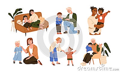 Parent-child relationship, communication concept. Fathers, mothers supporting, talking to children. Moms, dads Vector Illustration