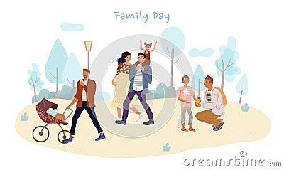 Parent children spend family day outdoor in park Vector Illustration