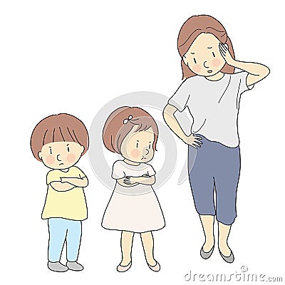 Parent dealing with siblings fighting. Mother handling child conflict. Mommy angry and yelling at her kids. Family, relationship Stock Photo