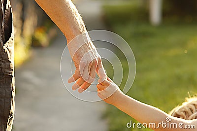 Parent holds the hand of a small child Stock Photo