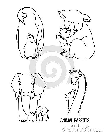 Parent and kid vector animals coloring page part 1 Vector Illustration