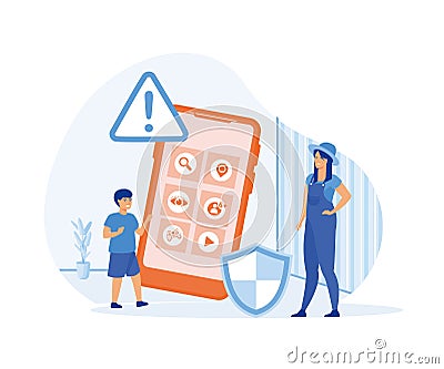 Parent software control, kids gadgets and social media prohibition. Vector Illustration