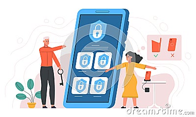 Parent software control, kids gadgets and social media prohibition. Mom and dad provide safe internet for children Vector Illustration