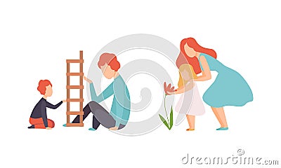 Parent and Their Children Spending Good Time Together Playing Jenga and Watching Flower Vector Set Vector Illustration