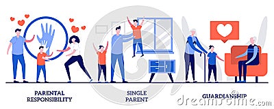 Parental responsibility, single parent, guardianship concept with tiny people. Child custody vector illustration set. Social roles Cartoon Illustration