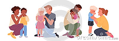 Parenthood care and childhood problems, kid supporting moment and emotional comforting help cartoon vector illustration Vector Illustration